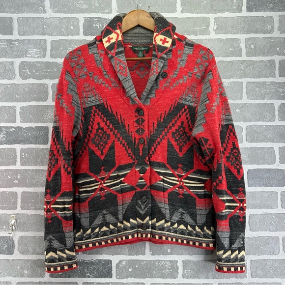 Lauren Ralph Lauren Sweaters - Ralph Lauren Red Gray Black  tribal Aztec sweater coat with buttons Size Small